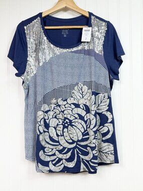 Chico's Beaded Sequin Top Blue Multicolor Sz 2 L/12 Artsy Tee NWT